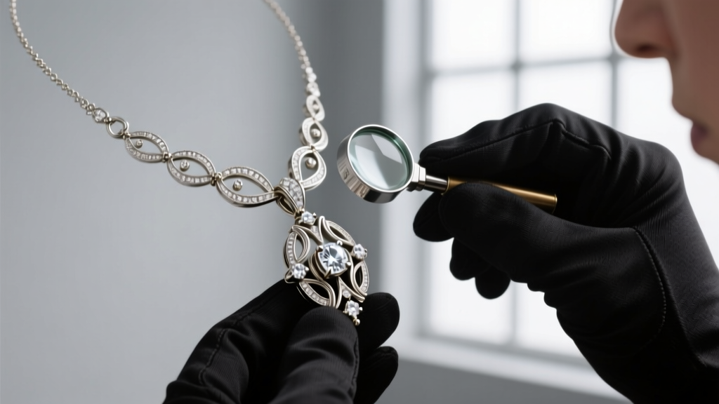 Jeweler inspecting hallmarks and solder joints on the clasp of an antique white gold and diamond Art Deco pendant necklace with a loupe