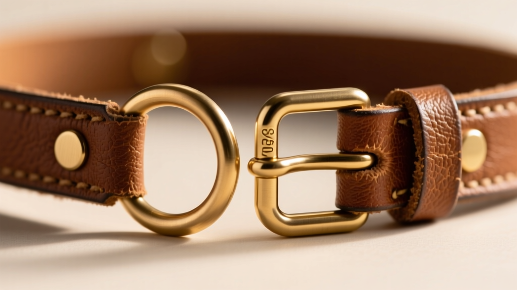 Extreme close-up of a 5mm thick solid brass O-ring and roller buckle mechanism on a distressed brown leather alternative choker