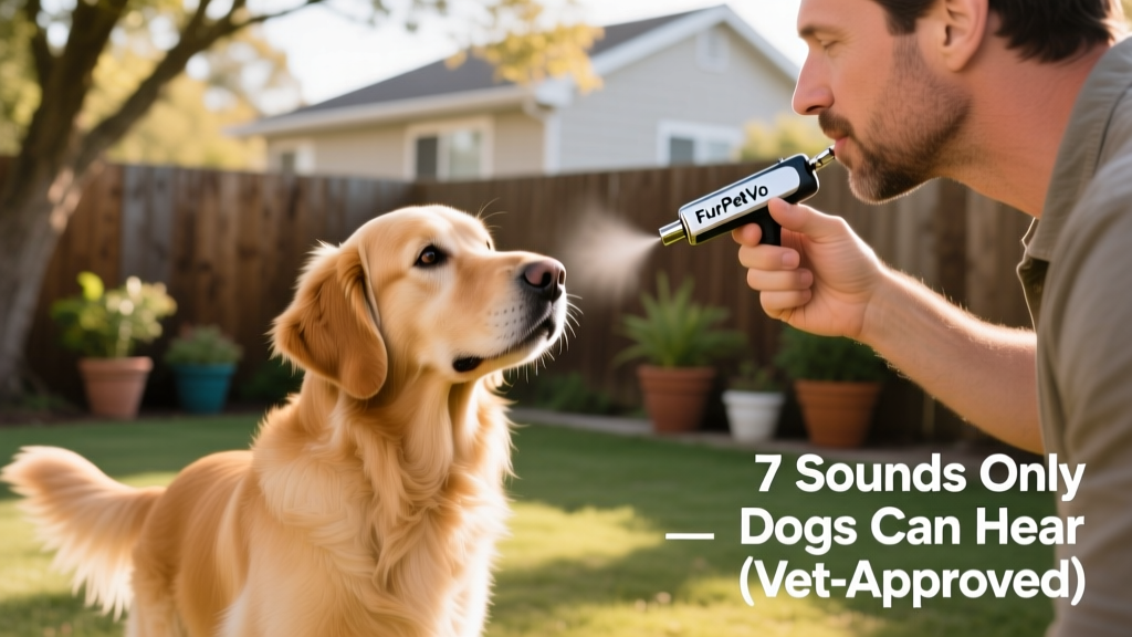 A person using a FurPetVo ultrasonic training whistle while their dog attentively looks toward them