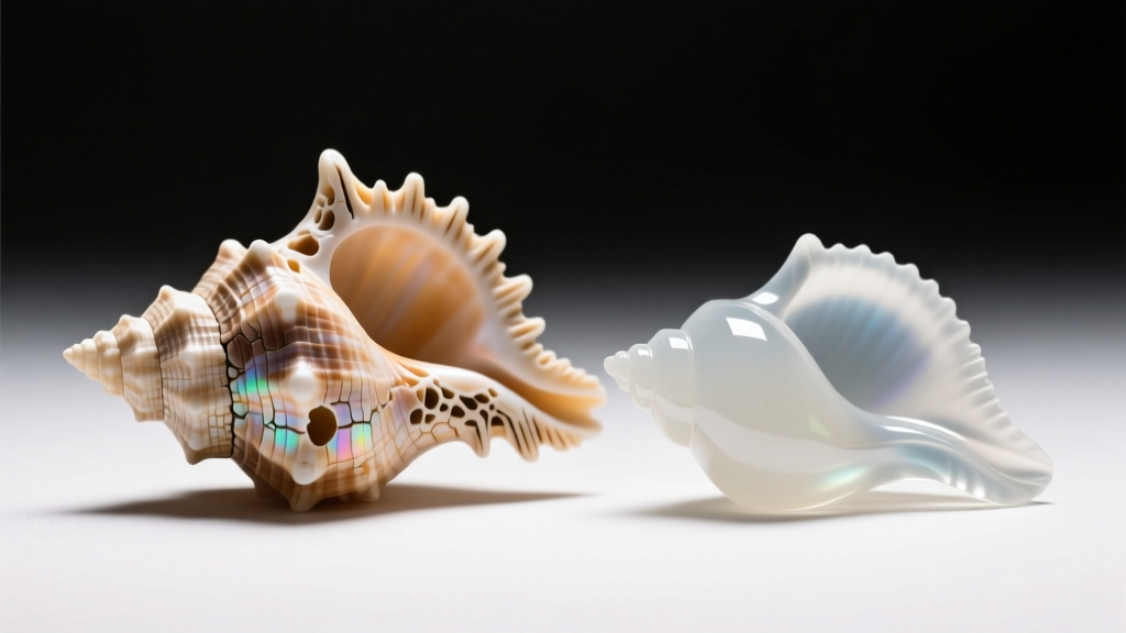 Macro photo of a porous genuine cone shell puka beside a smooth machine-milled resin imitation under bright studio light.