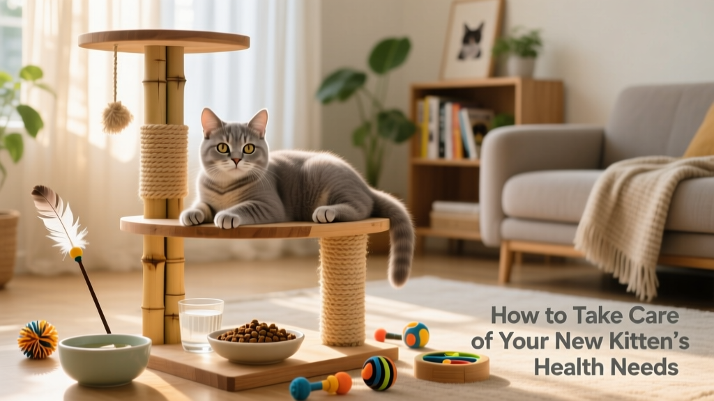 A calm, well-groomed indoor kitten lounging on a cat tree beside fresh water, a balanced meal, and interactive toys