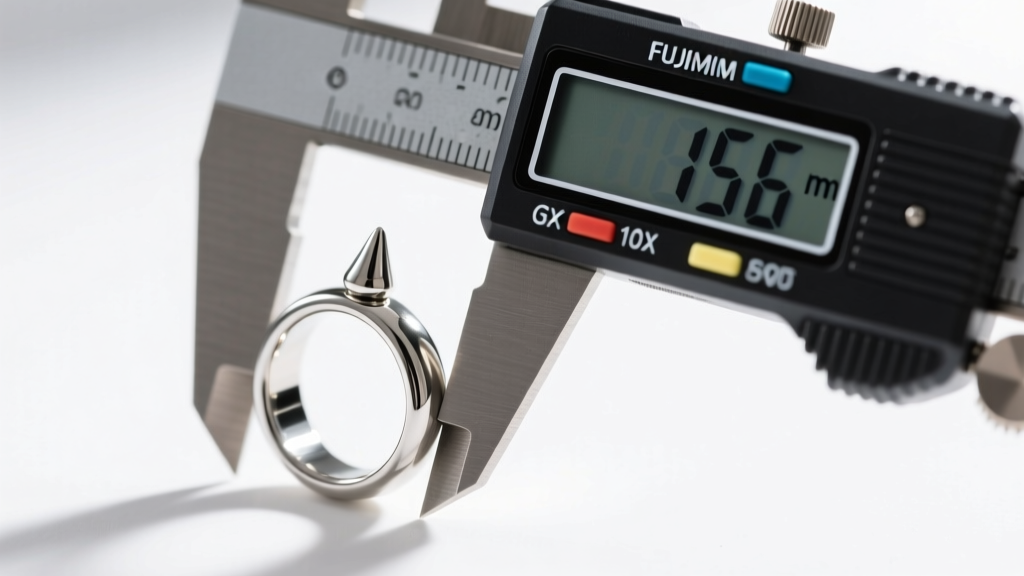 Close-up of a digital caliper measuring the thickness of a polished steel septum clicker ring against a clean white background