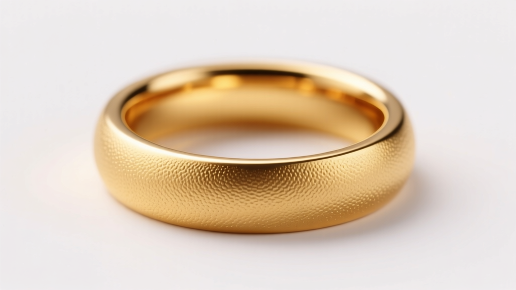 Macro shot of an 18k yellow gold signet ring with a deeply textured sandblasted matte finish under soft studio lighting