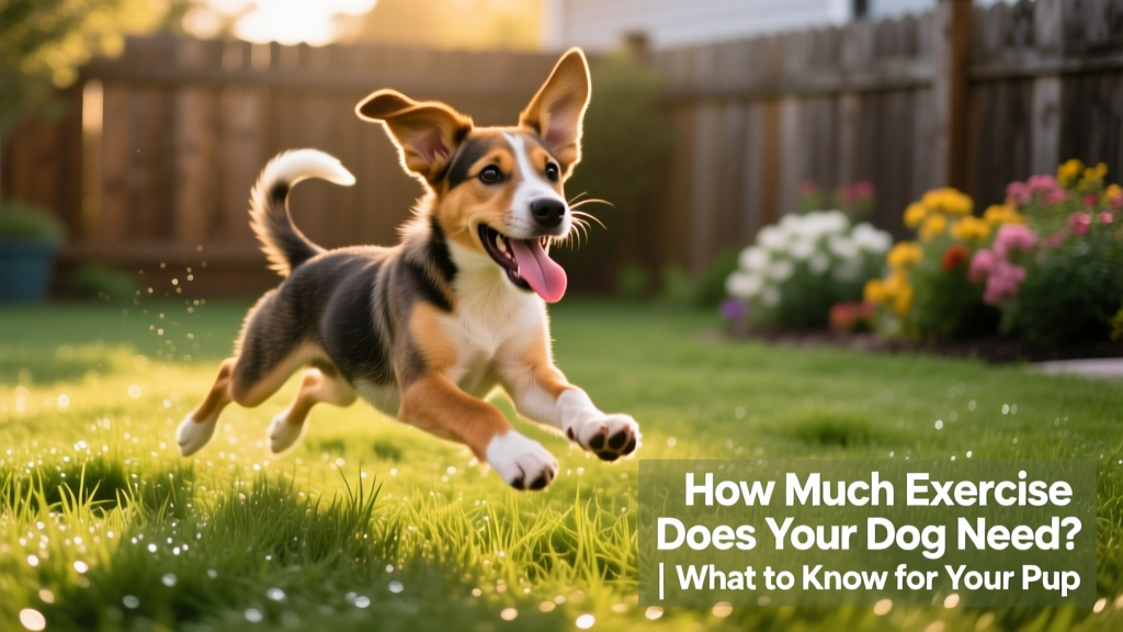A playful puppy mid-zoomie, legs splayed and tongue lolling, on a grassy backyard lawn