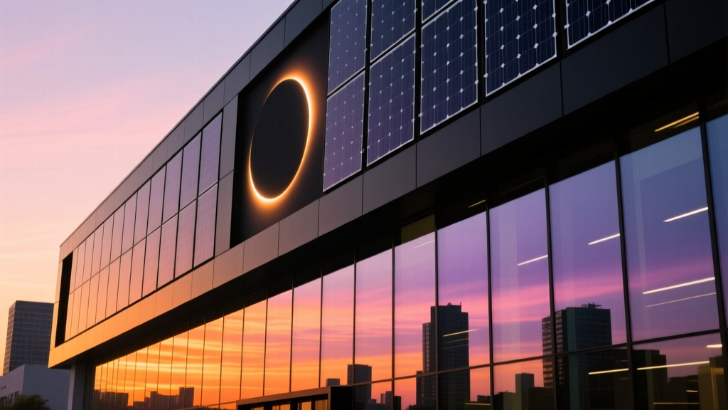 Modern commercial facade featuring dark solar-integrated eclipse cladding panels and dynamic smart glass reflecting a sunset skyline