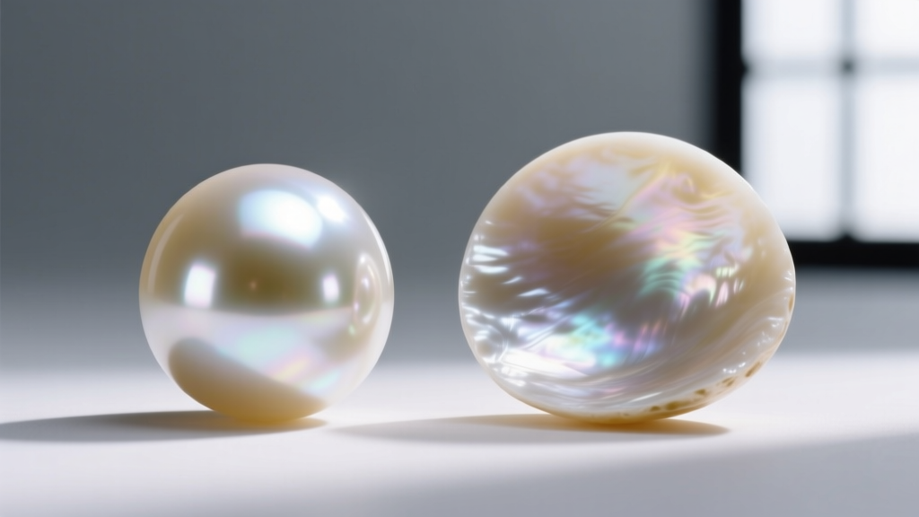 Macro shot comparing the sharp mirror luster of a round Akoya pearl next to the softer satin glow of a baroque freshwater pearl.