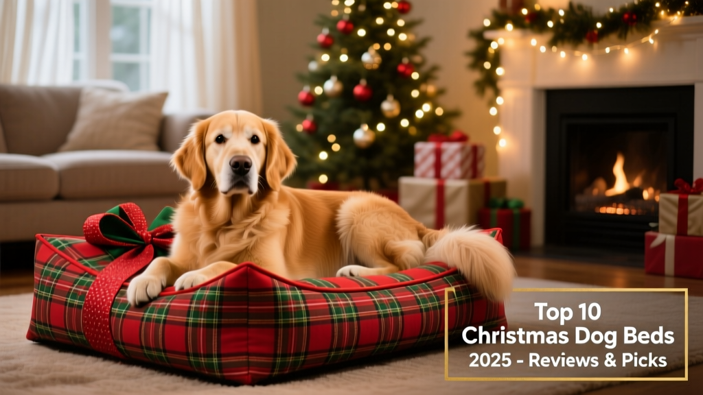 A festive living room with a golden retriever resting comfortably on a red-and-green plaid dog bed shaped like a wrapped gift