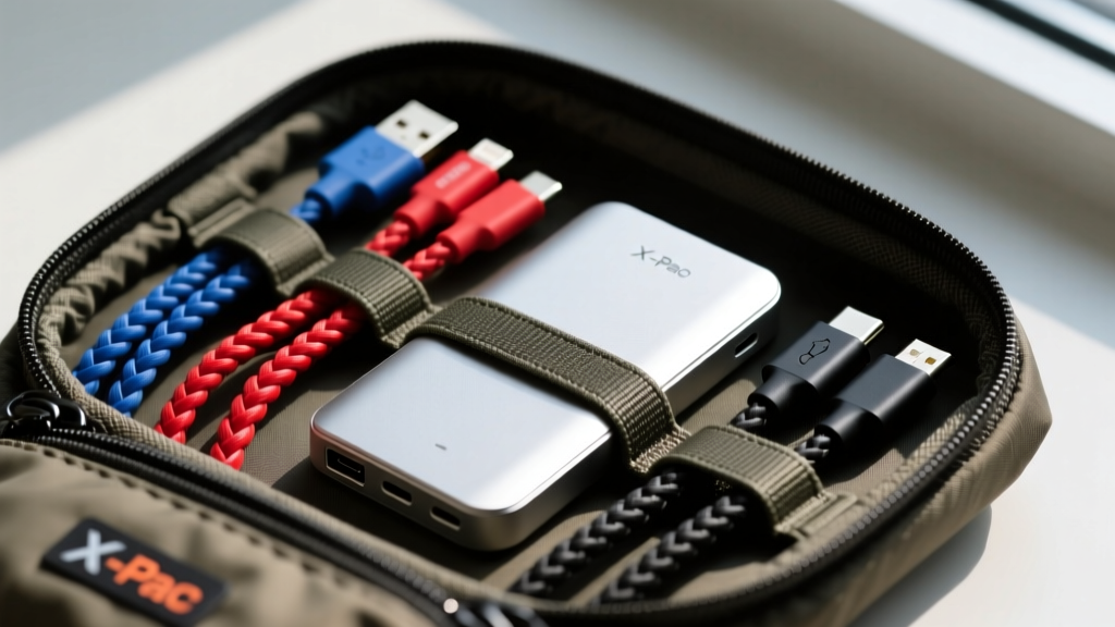 Hands organizing braided USB-C cables and a compact power bank into the structured elastic loops of a weather-resistant X-Pac tech pouch