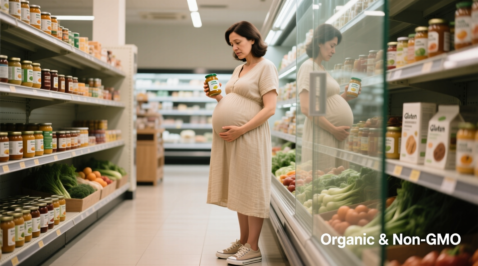 Pregnant woman checking food labels at grocery store