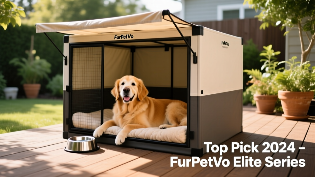 Dog resting comfortably inside a FurPetVo kennel with bedding, water bowl, and shade cover deployed