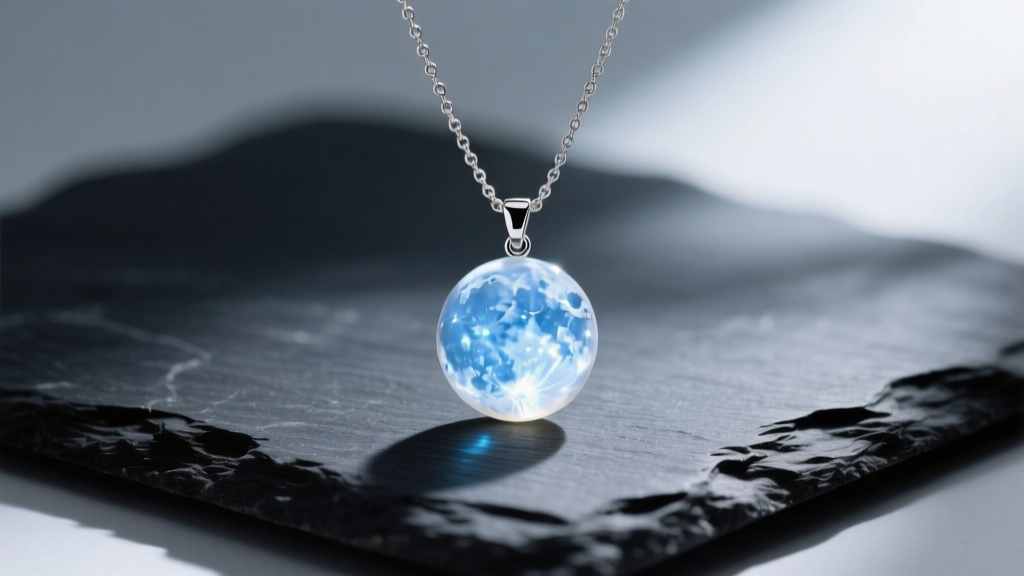 A glowing moonstone full moon pendant on a silver chain, resting on dark slate with soft lighting highlighting its blue sheen.