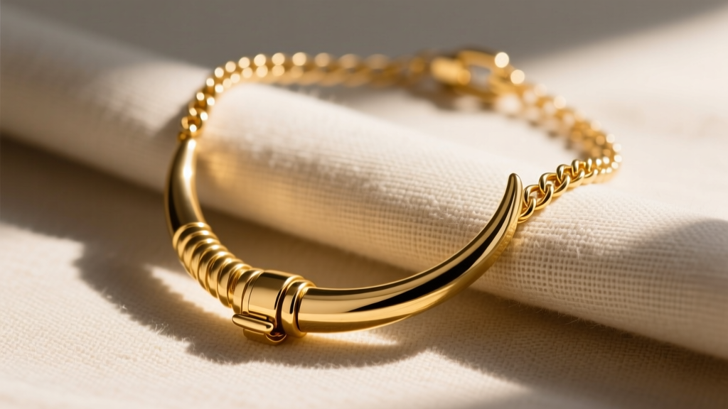 Mens gold Italian horn necklace with a 4mm Figaro chain and lobster clasp, draped over textured linen in warm, natural light.