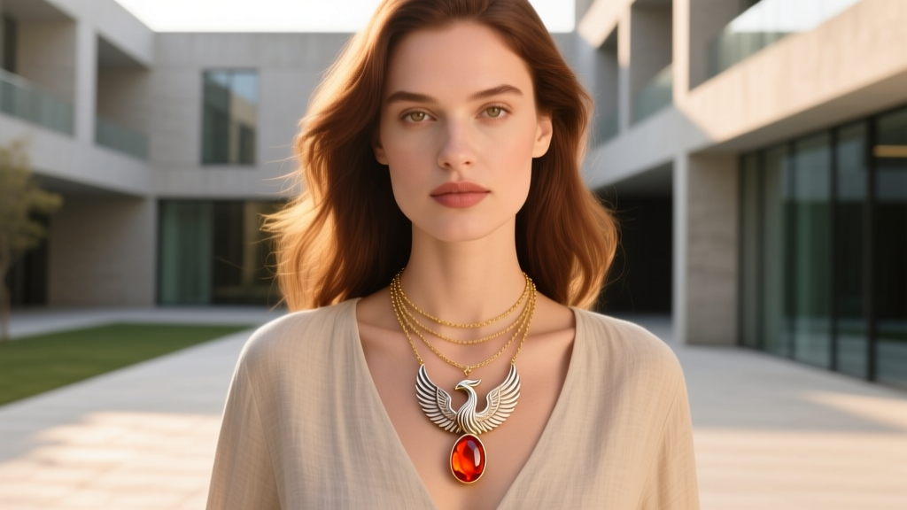 A woman wearing a layered necklace setup featuring a delicate gold chain and a vibrant carnelian gemstone phoenix pendant outside