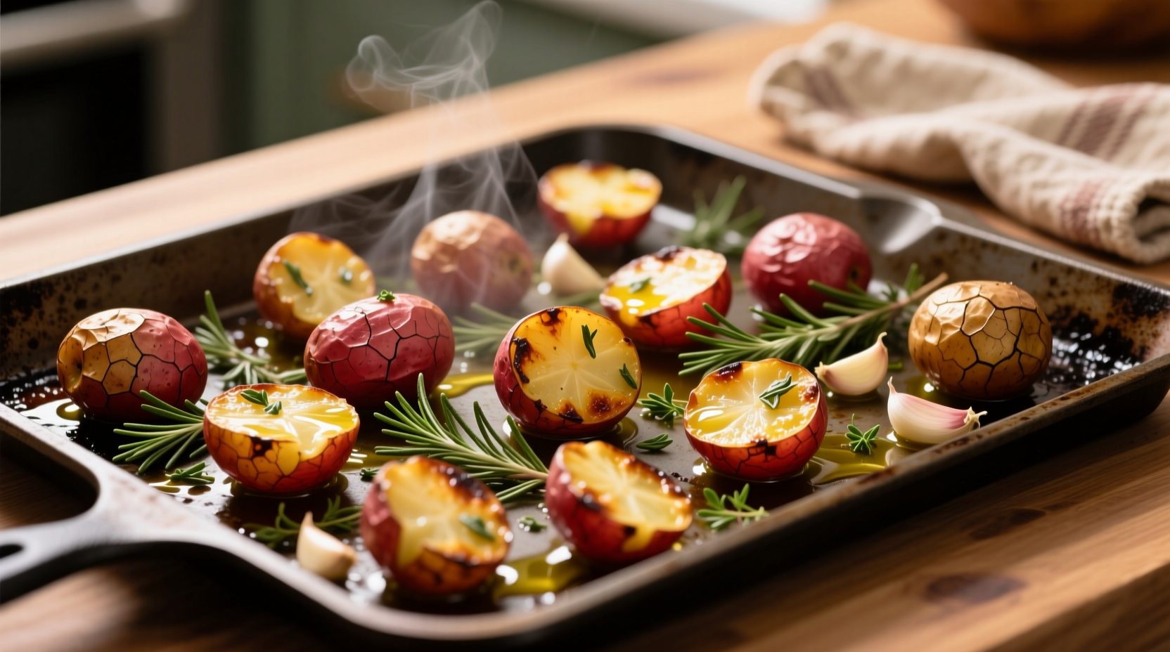 Golden roasted red potatoes on baking sheet with herbs
