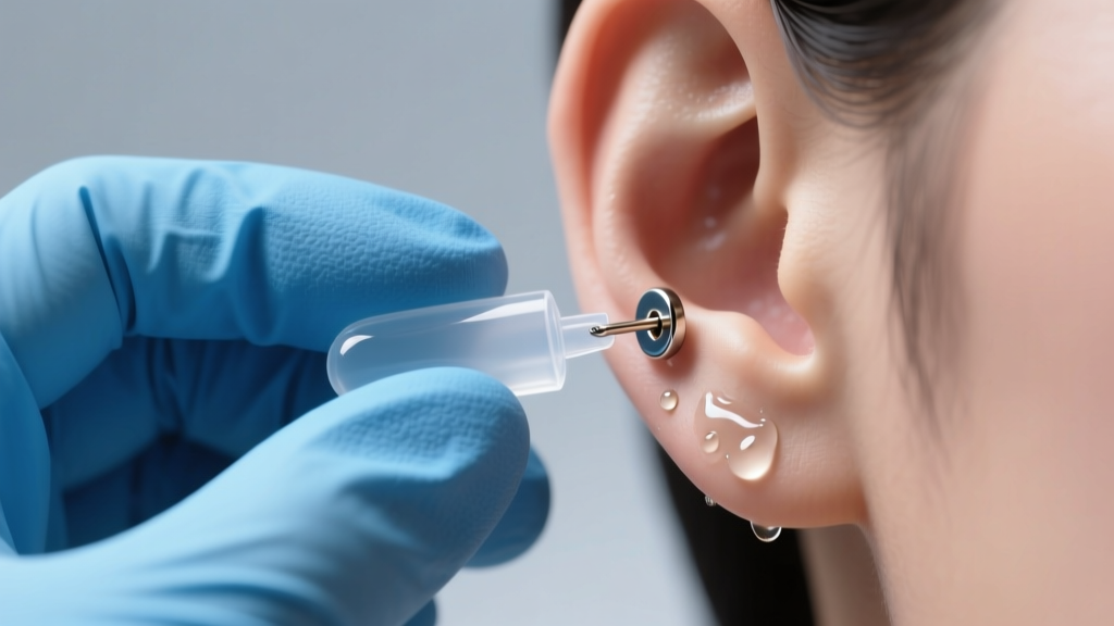 Hands wearing blue nitrile gloves gently applying a sterile cotton swab with lubricant to a stuck earring post, macro detail