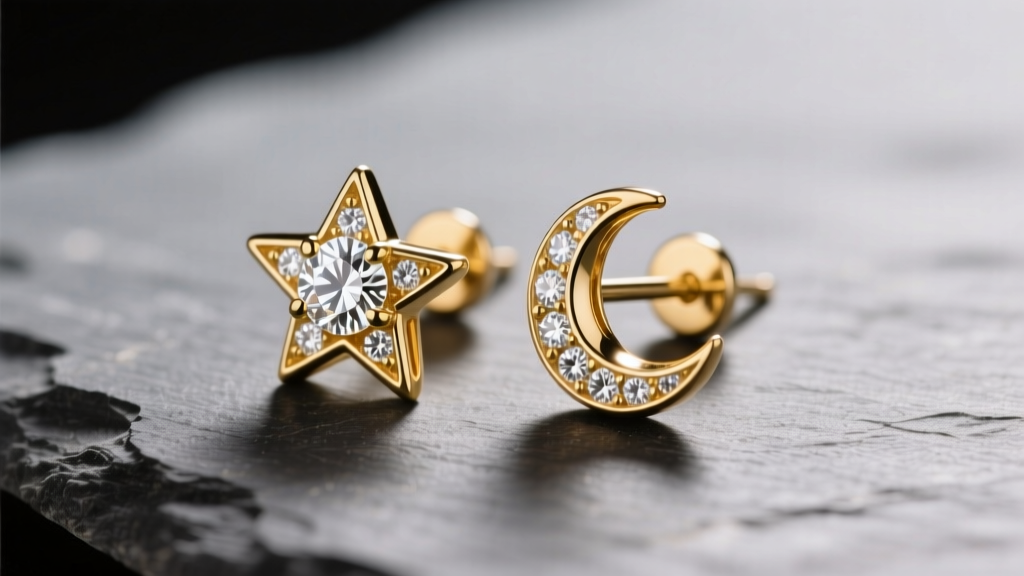 Close-up of 14k gold star and moon stud earrings on slate, showing textured metal and diamond accents under warm studio lighting