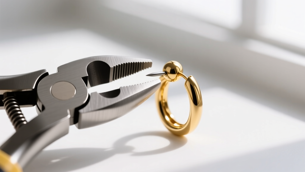 Close-up of steel ring-opening pliers gently expanding a 14k gold hoop and ball earring for a cartilage helix piercing setup.