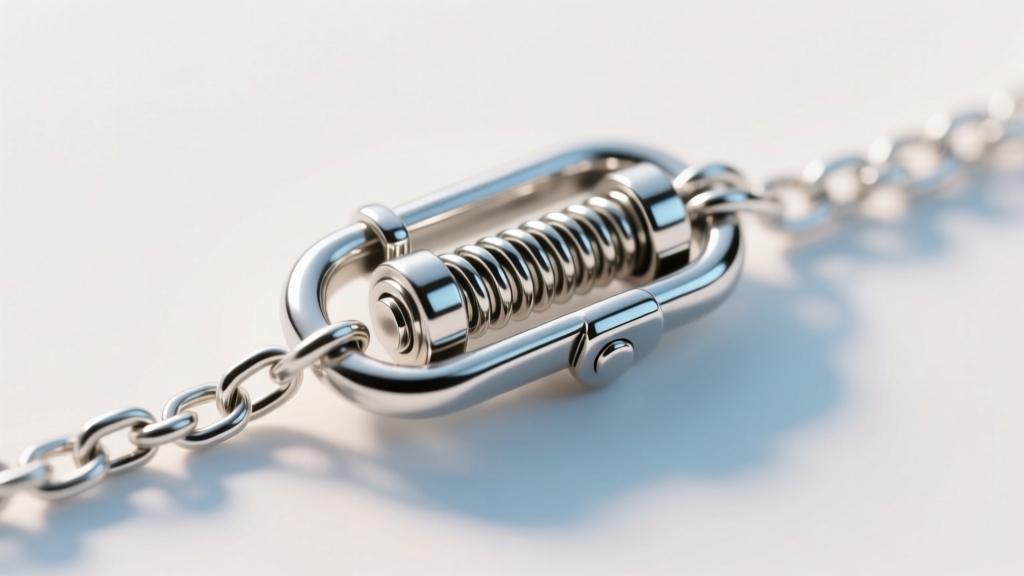 Extreme close-up of a miniature stainless steel lobster clasp on a delicate chain, highlighting internal spring tension mechanism