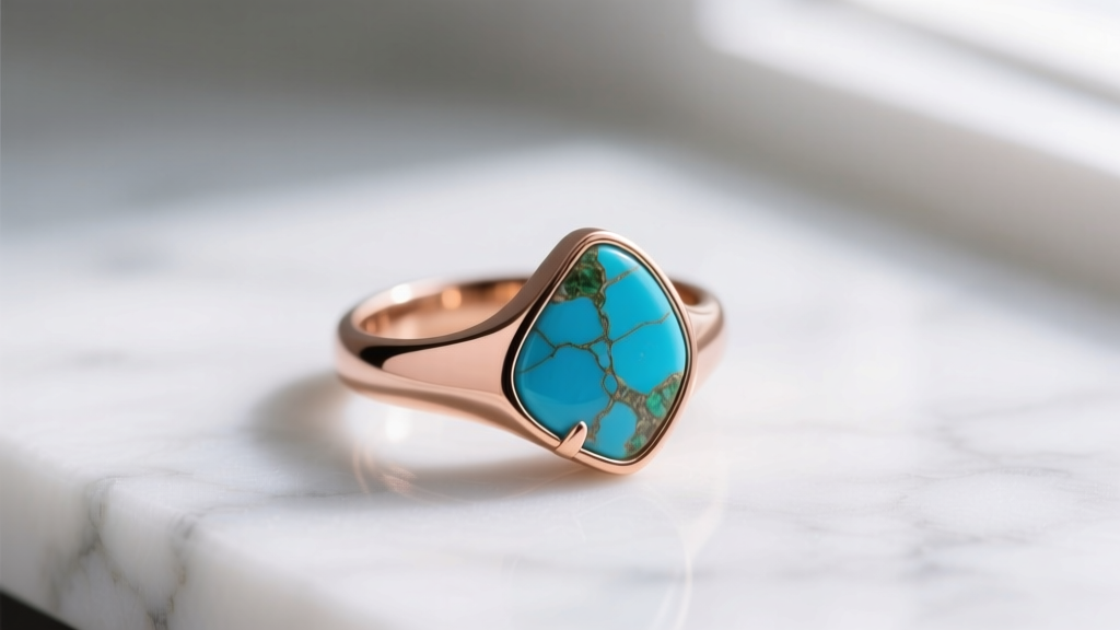 Minimalist 14k rose gold ring featuring a bezel-set asymmetrical raw Kingman turquoise stone resting on a white marble surface
