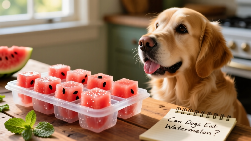 Homemade frozen watermelon cubes in an ice tray, ready to be served as a cooling summer treat for dogs