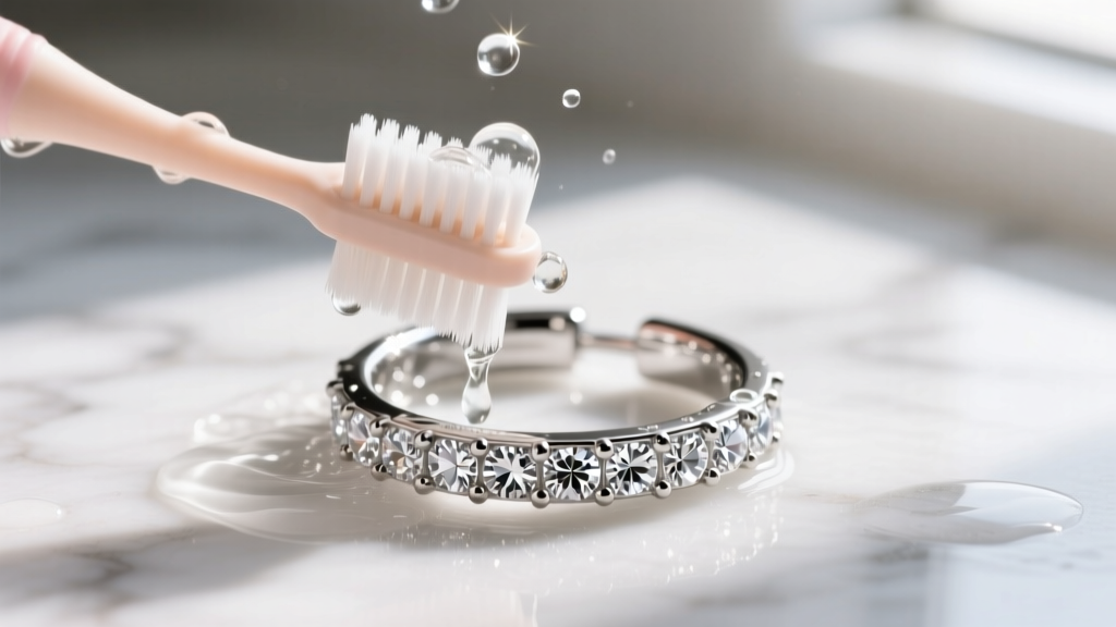 Close-up of a soft baby-bristle toothbrush cleaning a platinum diamond cartilage cuff under a stream of warm soapy water