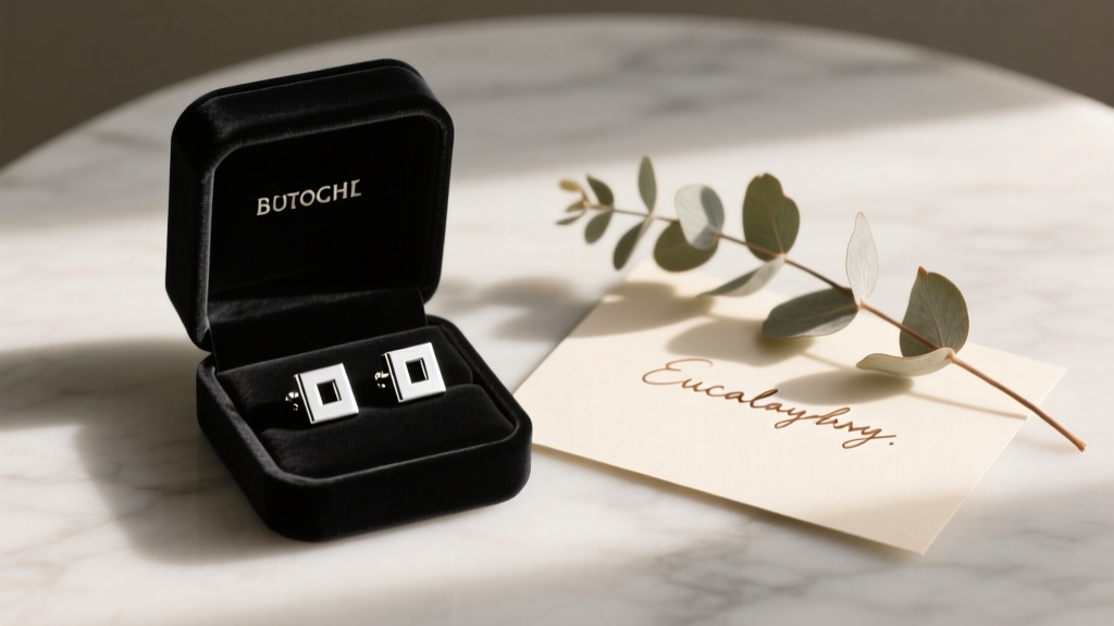 Open velvet box revealing minimalist block-letter name stud earrings next to a handwritten greeting card and dried eucalyptus.