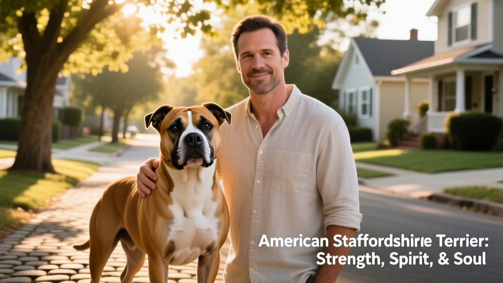 Adult American Staffordshire Terrier standing proudly beside its owner on a tree-lined neighborhood street