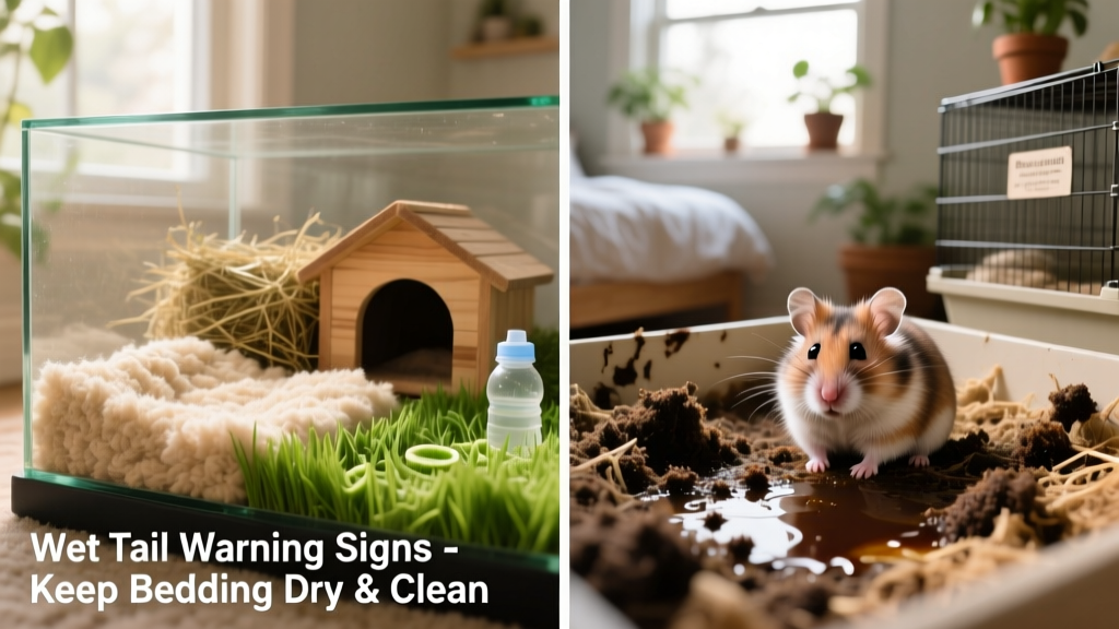 Side-by-side comparison: healthy hamster bedding vs. soiled, damp bedding showing signs of diarrhea
