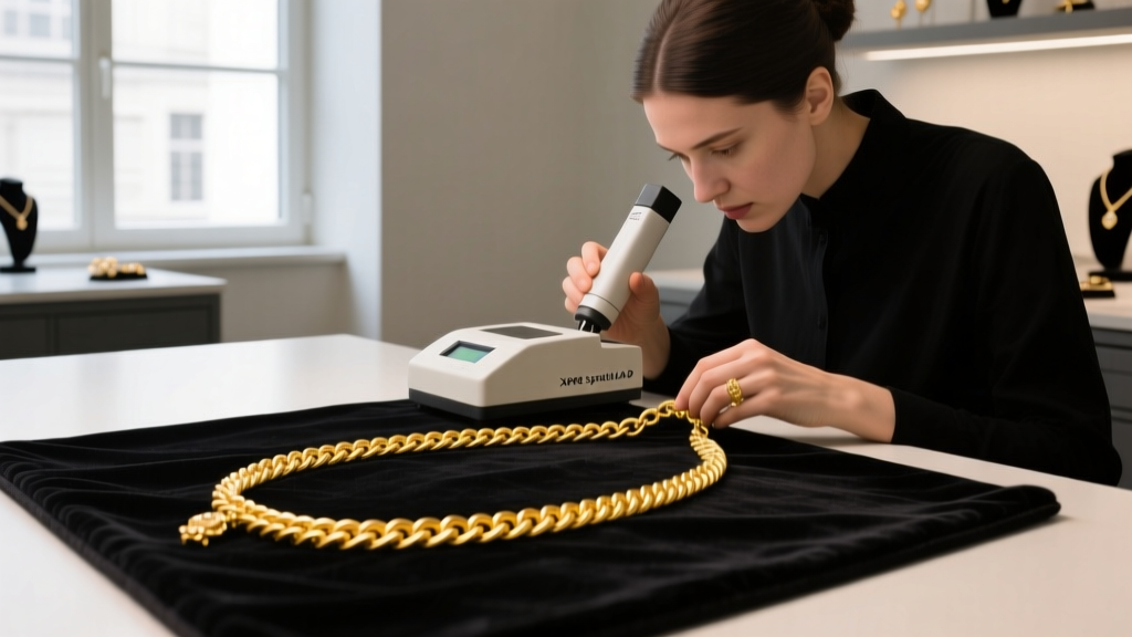 Jeweler using an XRF spectrometer to test vintage 14k yellow gold rope chains on a dark velvet appraisal mat in a well-lit shop
