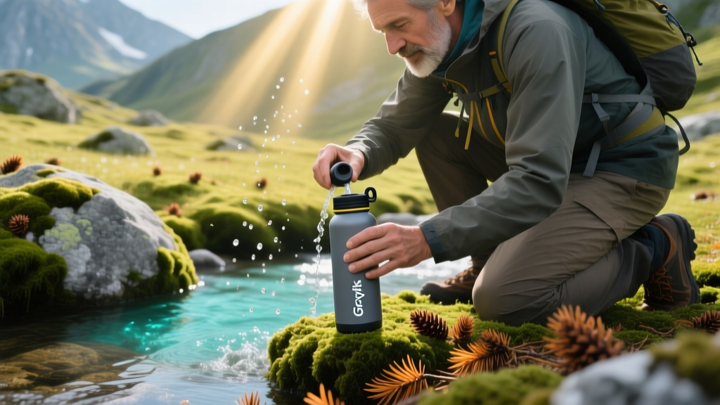 Hiker filling a Grayl GeoPress water purifier bottle from a shallow alpine stream surrounded by mossy rocks and fallen pine needles