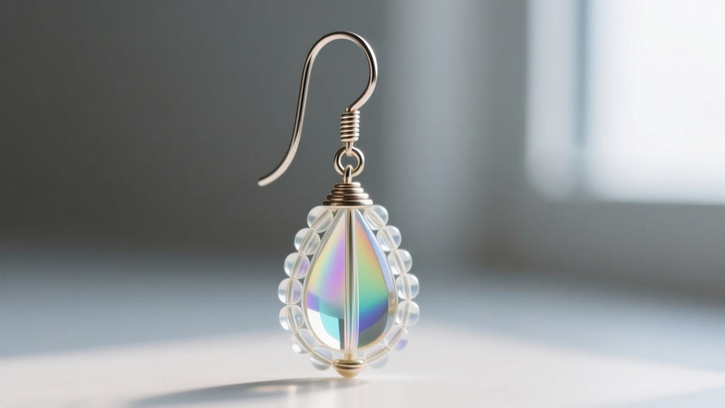 Macro photography of a 20-gauge titanium French wire hook attached to a delicate woven glass beaded teardrop earring, sharp focus.