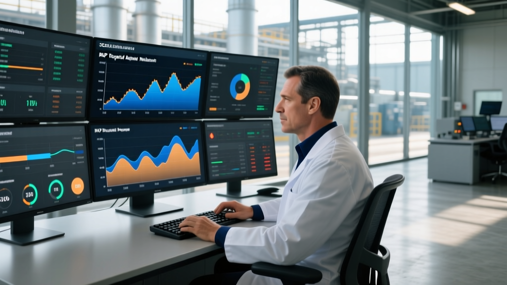 Control room operator monitoring digital HMA plant emissions and RAP moisture content on a multi-screen SCADA dashboard