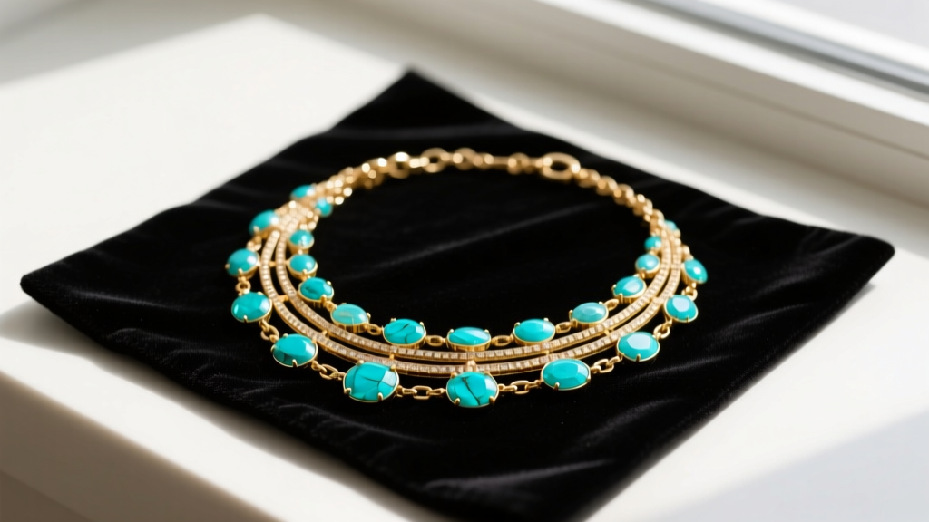 Flat lay of a multi-strand gold-tone Chicos necklace with turquoise resin stones resting on a dark velvet jewelry cleaning mat