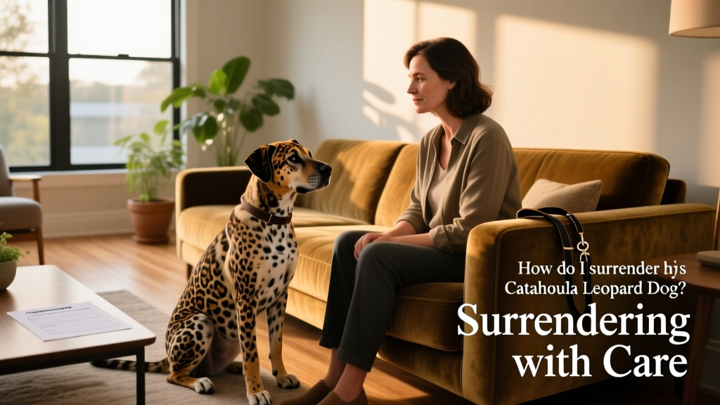 A calm, well-groomed Catahoula Leopard Dog sitting beside a person in a sunny living room