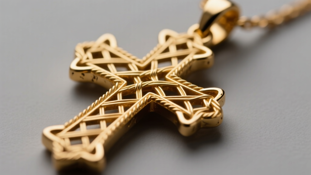 Macro photography of a 14k gold Jerusalem cross pendant with intricate filigree detailing, illuminated by warm directional studio lighting.