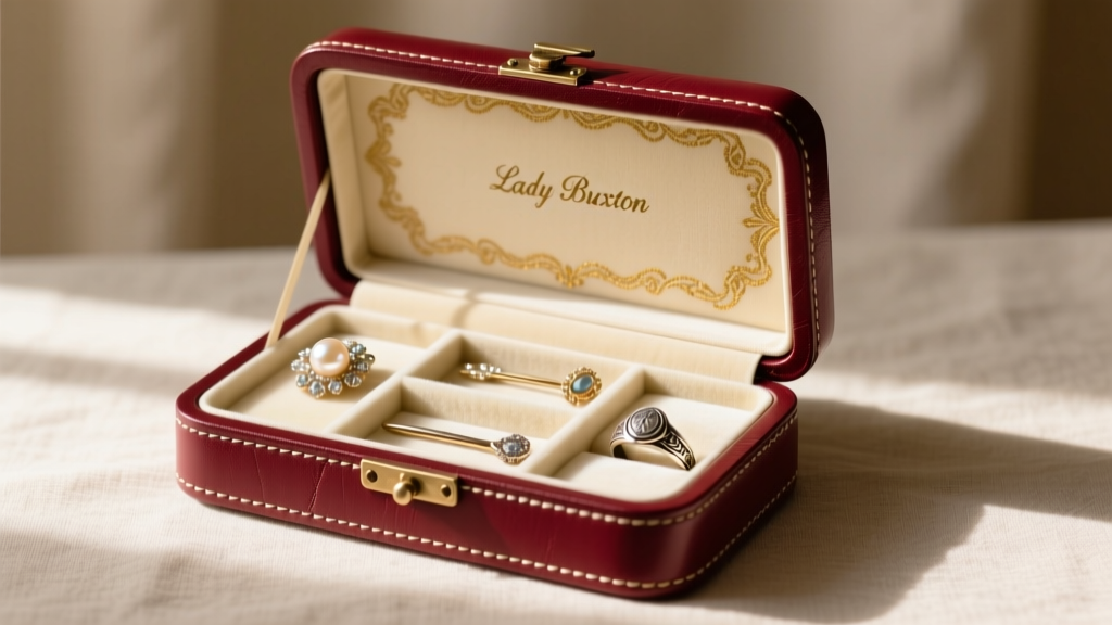 Restored mid-century Lady Buxton vintage jewelry box in burgundy leather, open to reveal pristine cream velvet compartments.