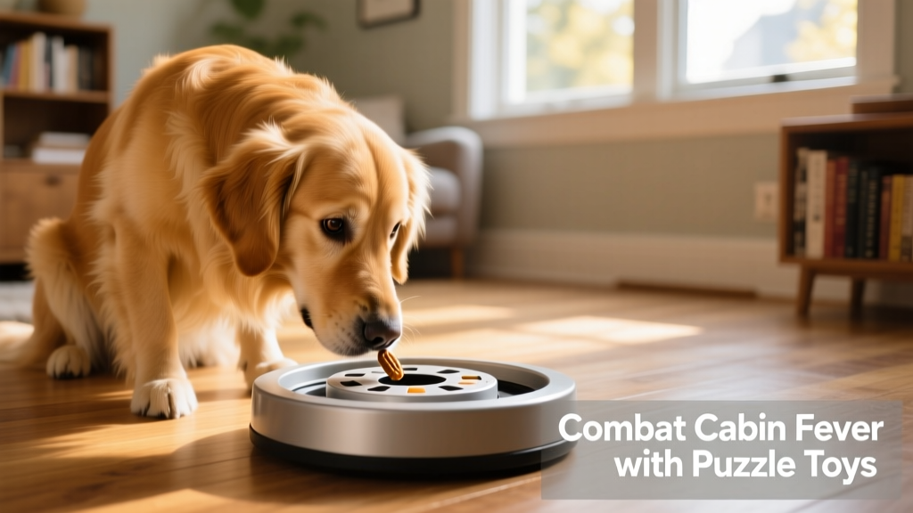A golden retriever intently nudging a rotating puzzle disc with its nose, treat visible just out of reach