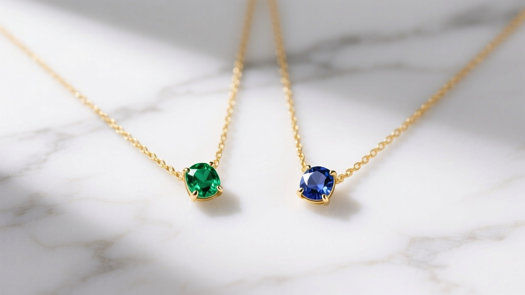 Flat lay of two delicate 14k yellow gold necklaces featuring tiny bezel-set emerald and sapphire birthstones on white marble.
