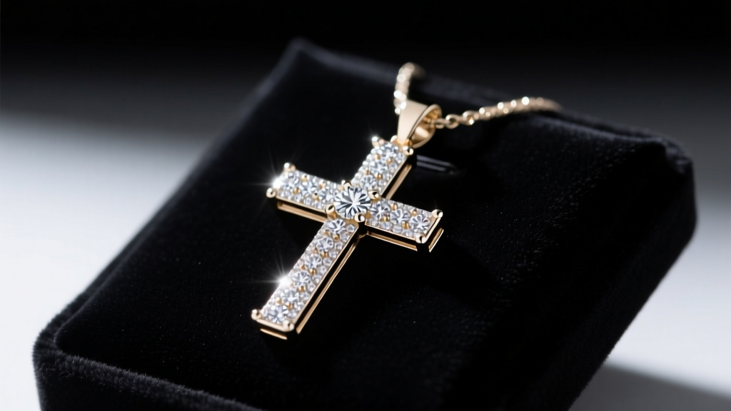 14k white gold diamond cross pendant on black velvet display pad, soft studio lighting highlighting pave melee stones, front angle.