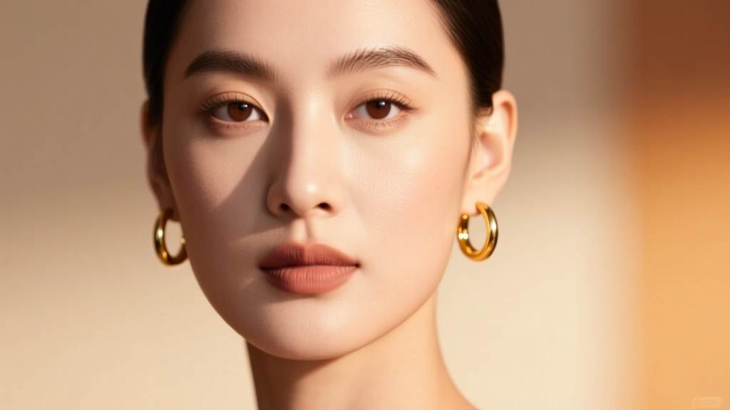 Close-up of a woman wearing 12mm gold huggie hoop earrings, highlighting the earlobe against a softly blurred warm backdrop.