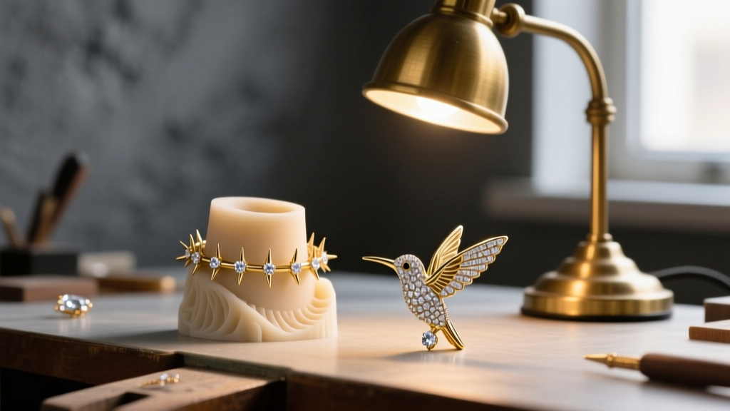 Jeweler workbench showing a wax mold for a thorn choker and a micro-pavé hummingbird pendant illuminated by a warm desk lamp