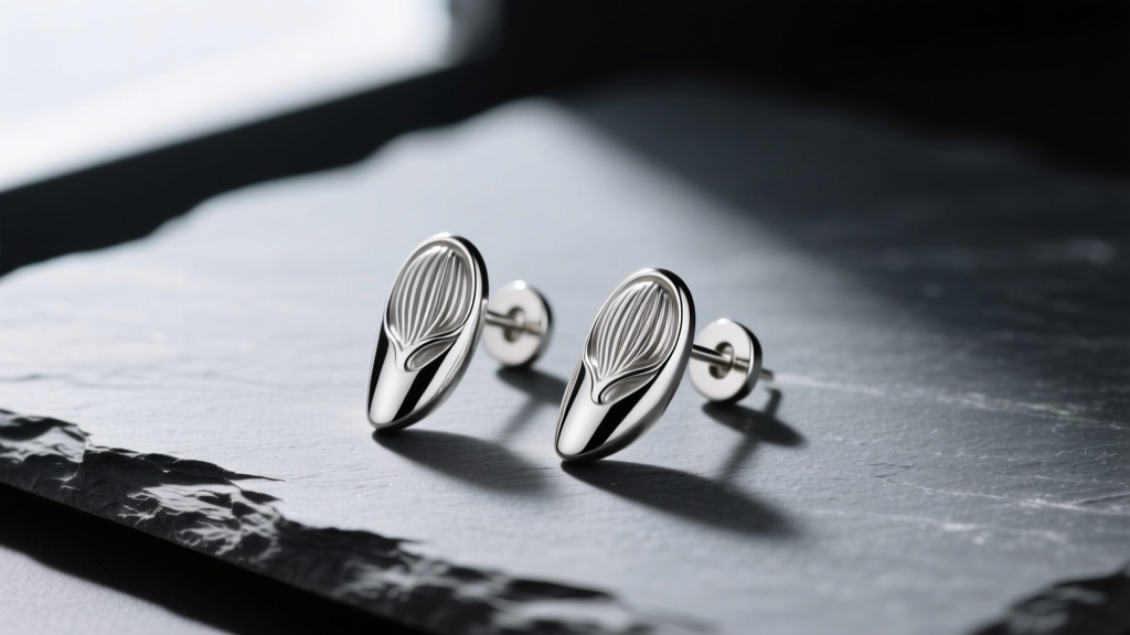 Sterling silver anatomical toenail earrings on slate, showing detailed texture and polished finish under moody directional light.