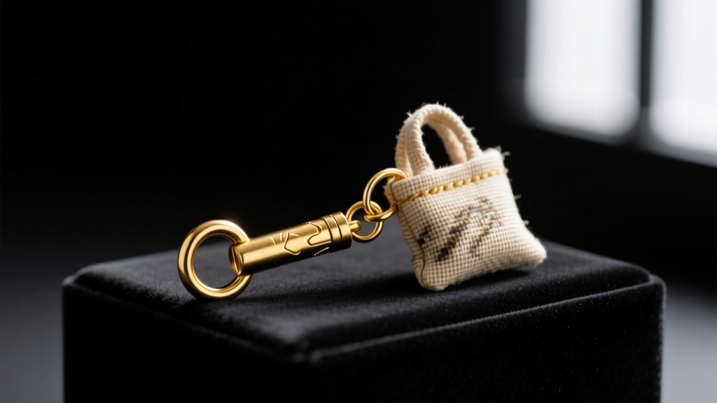 Macro shot of a 3mm gold-plated brass tube bail attached to a tiny canvas tote charm, resting on a dark velvet bench block.