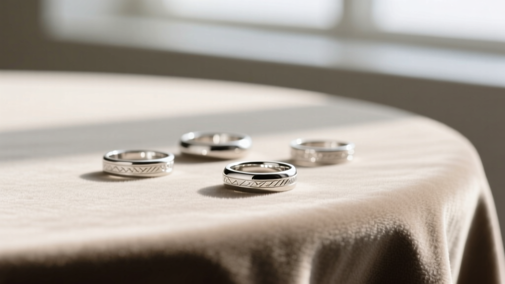 Close-up of an anti-tarnish micro-suede table surface holding silver rings, highlighting the lint-free texture and matte finish.