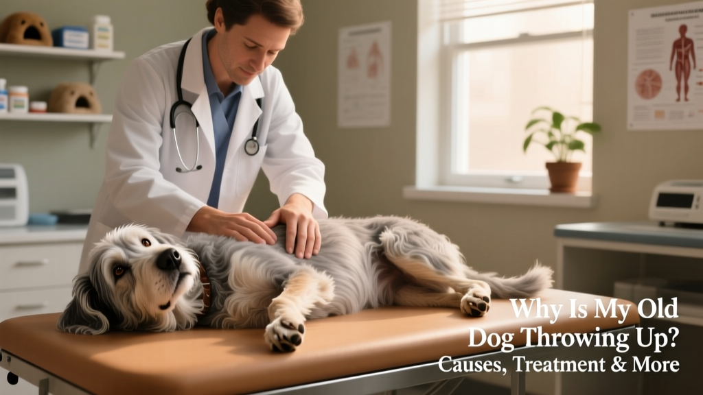Veterinarian gently examining an older dog’s abdomen during a clinical exam
