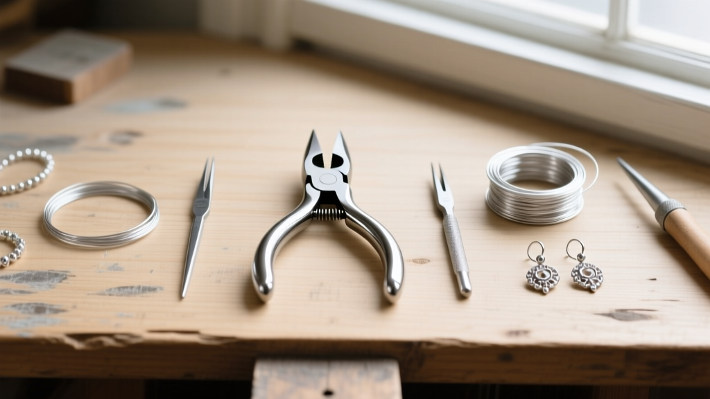 Flat lay of jewelry tools: micro crimping pliers, silver wire guardians, beading wire, and ear wires on a wooden workbench.