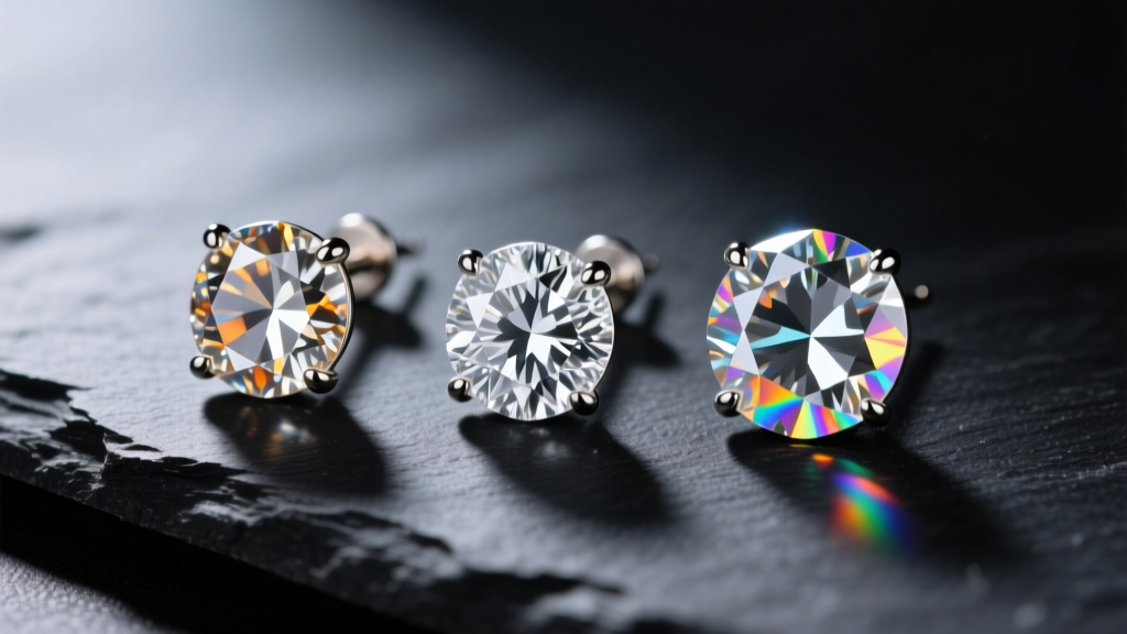 Macro shot comparing natural diamond, lab-grown diamond, and moissanite stud earrings side-by-side on a dark slate surface