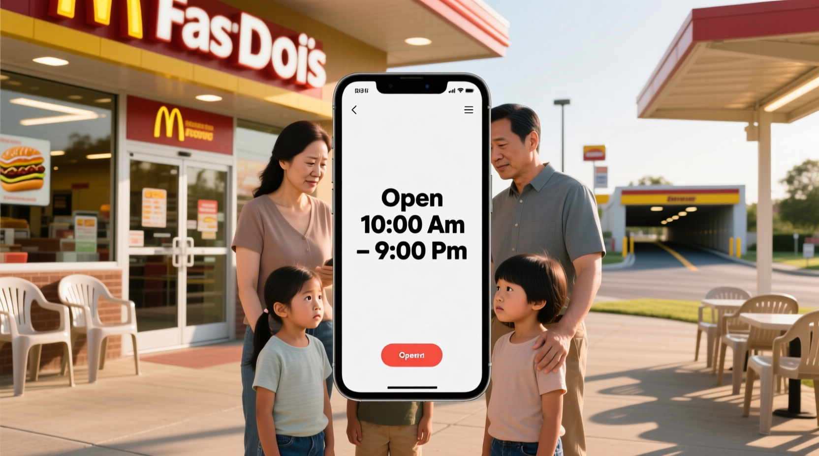 Family checking fast food hours on smartphone