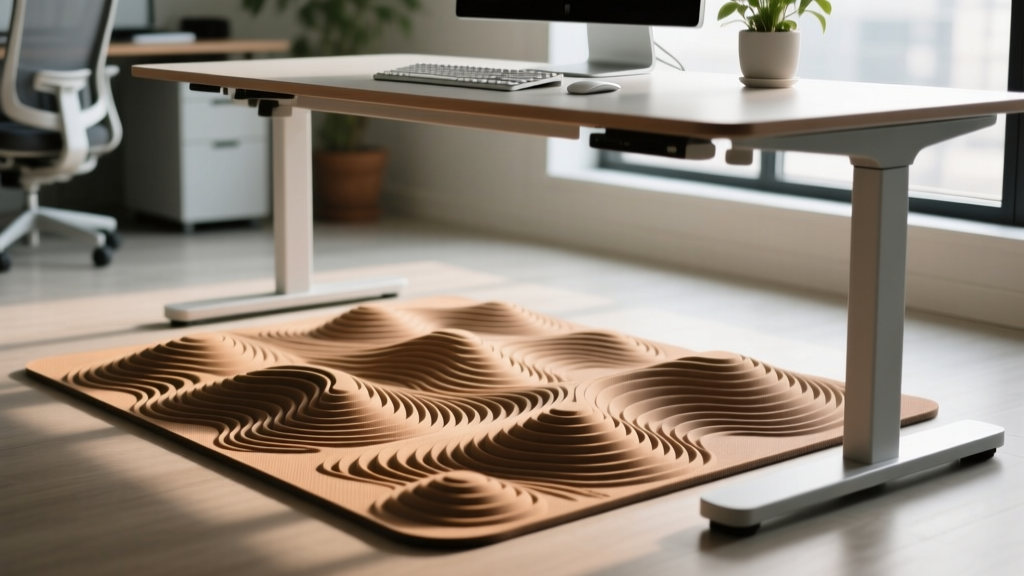 Topographical anti-fatigue mat under a standing desk showing varied terrain for foot positioning and active standing