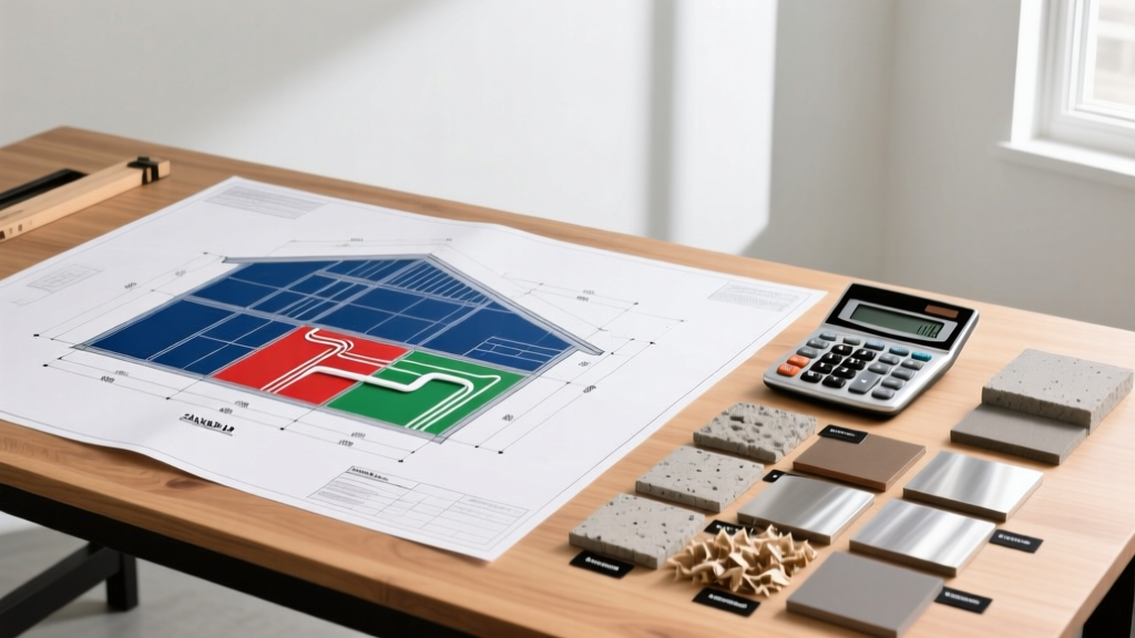 Architectural blueprint of a 24x24 foot two-car garage resting on a wooden drafting table next to a calculator and material samples